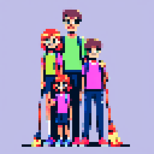 happy family of five, smiling and standing close together, with pixelated features and vibrant colors, posing in front of a sRGB background, one person holding a pixelated broom