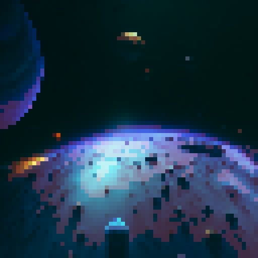 "Chromatic planet with rippling auroras, surrounded by tiny moons that spark like fireflies in the deep space abyss, rendered in a whimsical, painterly style."