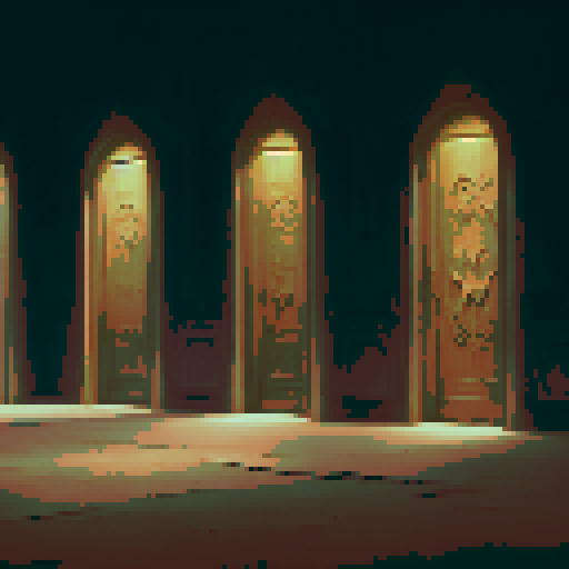 row of many weathered wooden doors, adorned with intricate carvings and glowing runes, leading to realms unknown, in a dimly lit chamber filled with mystical artifacts and flickering torches