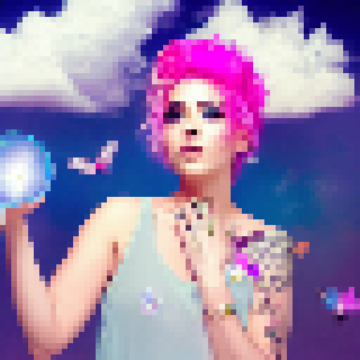 with pink hair and a butterfly tattoo on her cheek, standing on a floating platform in the clouds while holding a glowing crystal in her hand, surrounded by a flock of colorful birds.