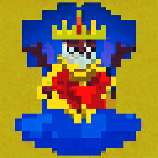 King with blue cloak, gold crown, sitting on a throne, holding a scepter, surrounded by knights in armor, pixel art, sRGB.