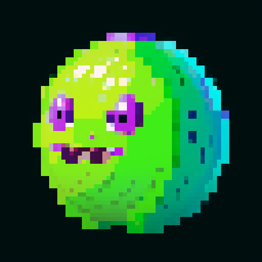 A dangerous slime with a toxic purple hue, emitting a faint glow. It has sharp, sinister eyes and a menacing expression, with toxic bubbles inside. No background.
