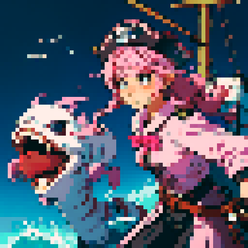 female pirate captain with pink hair, white frilly shirt, captain's hat, holding flintlock pistols, on the bow of her ship, looking defiant, against sinister albatrosses, crabs, deep sea creatures, pixel art