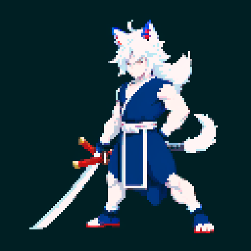 beast man with wolf ears and tail, white hair, brilliant dark blue yukata, pixel art, sRGB, 2D game stance, tall and slim, katana