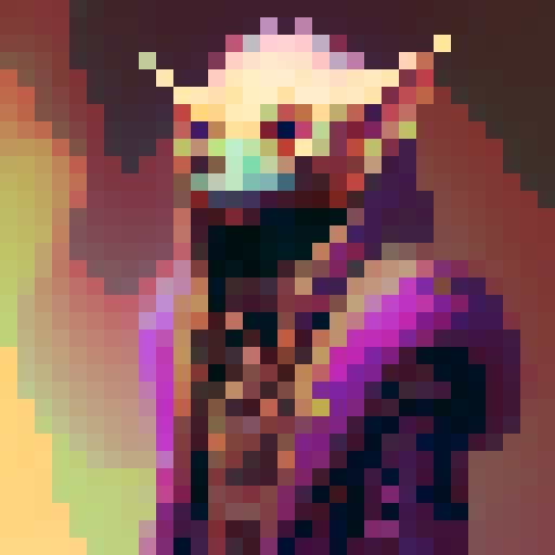 
make a 16x16 pixelart video game style sprite of a gothic style mini monster with sinuous hood and mystical colors