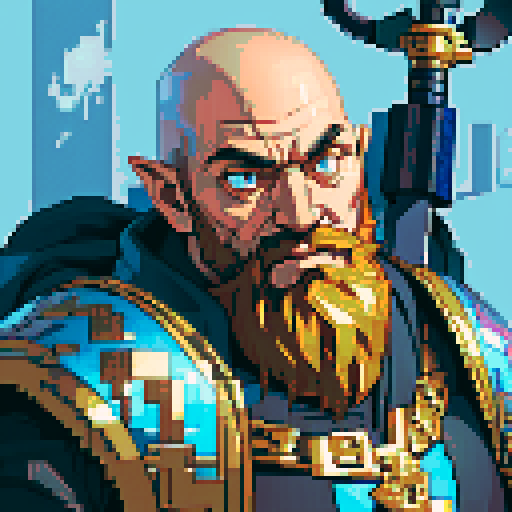 bald, bearded dwarf cleric with a golden hammer, ornate silver armor, surrounded by glowing blue runes, pixelated sRGB pixel art style
