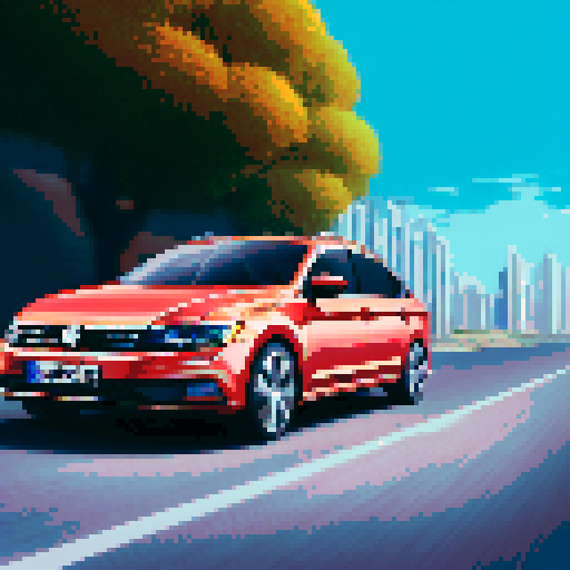 Photorealistic whole Volkswagen Passat, centered, three-quarter view, right front wheel, clean background, realistic colors, pixel art style