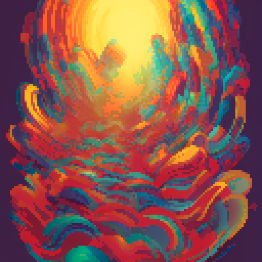 crazy artist, vibrant colors, intricate details, pixel art, abstract shapes, swirling patterns, dynamic composition, exaggerated features, energetic brushstrokes, playful textures, whimsical characters