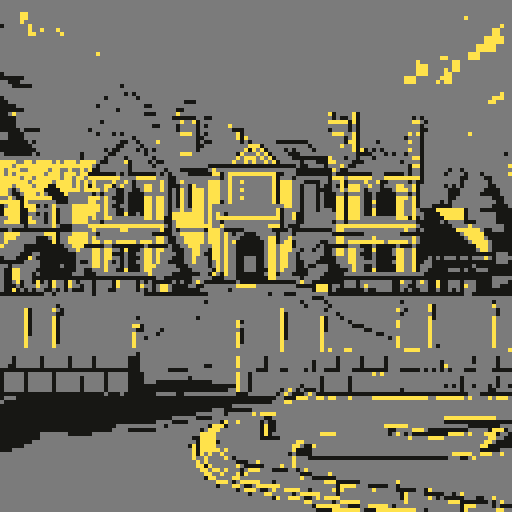 Large suburban american mansion, with driveway and lawn, legend of Zelda isometric perspective, tile based art, 8x8 tiles, pixel art
