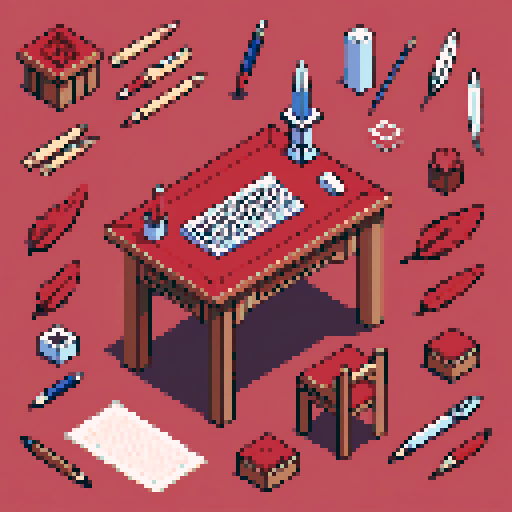 building, inside, block, wood, isometric, medieval, writing table, feather pen, ink, paper, royal stamp, stamp red