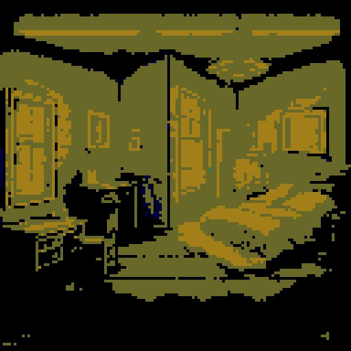 The bedroom of an American house by night. No characters. The room belongs to an adult couple. In the middle of the room is a double bed. On the left is the entrance door. On the right is the window. Next to the bed are bedside tables, both on the right and left. There is a floor plan in the room and pictures on the wall.