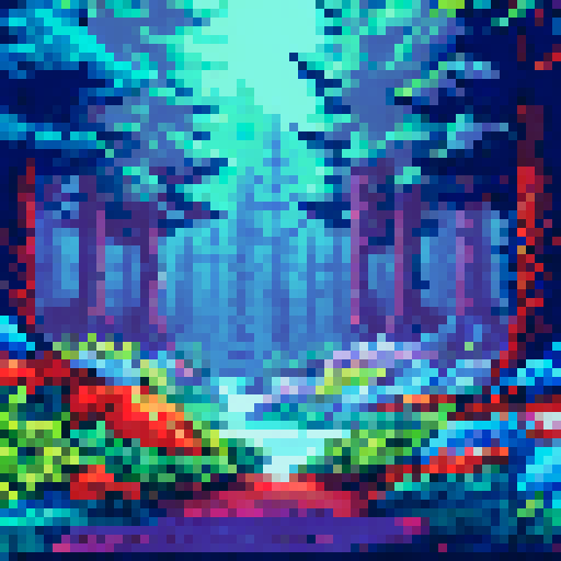 Adventure through a misty, enchanted forest with vibrant foliage and a glowing sword slicing through the air, leaving a trail of sparkling dust in its wake