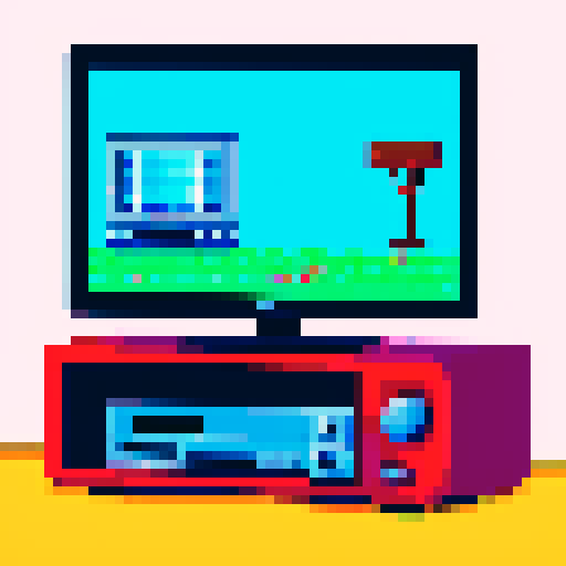 subject is Retro game console, controller plugged into old tv, TV shows image of a cabin on screen, in a cozy room
