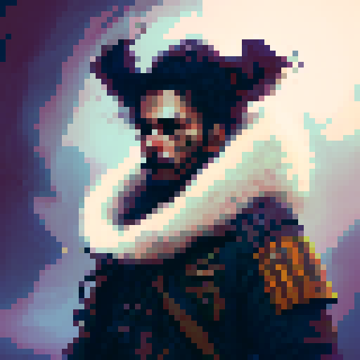Fierce, weathered pirate captain with a patch over one eye, a bushy black beard, and a gold hoop earring glaring out from a background of stormy seas, headshot, portrait only, pixel art