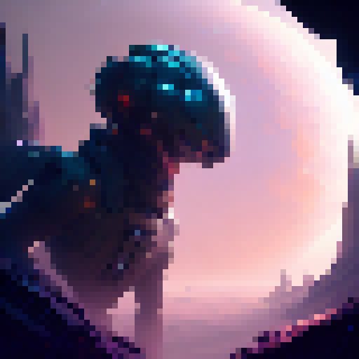 Futuristic knight surveys lush green planet with towering trees, bioluminescent flora, and hovering drones in a sleek, cyberpunk art style.