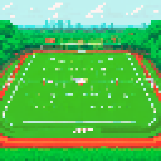 Green and lush, the NFL field stretches out before you, with a vibrant crowd of pixelated fans filling the stands in the background