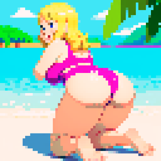 chubby blonde girl in a swimsuit, wide hips, very large butt, facing away, looking back, smiling, kneeling position, pulling swimsuit bottoms down, pixel art, sRGB