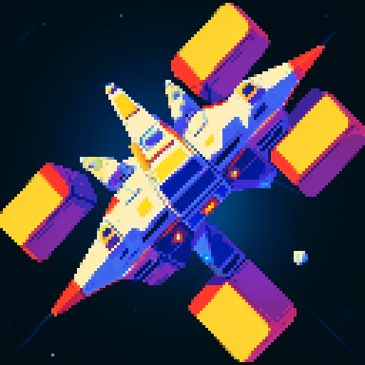 a pure 2d sprite for a space game. a top down view of a triangular spaceship all by itself ,style of the 80s. The spaceship should not have any shadows.