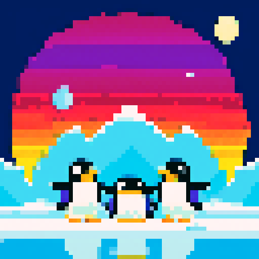 Pixel Penguins waddling on a shimmering, icy landscape, their vibrant, pixelated feathers reflecting the soft, warm hues of a setting sun