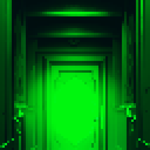 a door that reveals an infinite amount of other doors, it is a passageway, with diffuse light at the end of it, close up shot