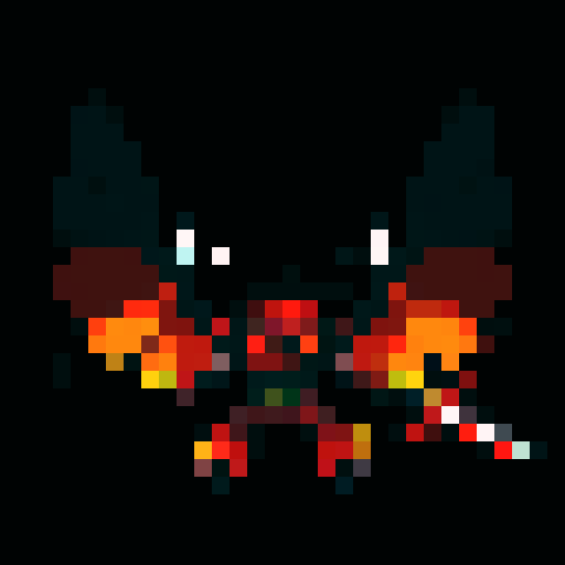 A fearsome, heavily armored demon with flames flickering around its body, massive wings, and glowing red eyes. It wields a fiery sword and has a menacing expression, ready to lead an army into battle. No background.
