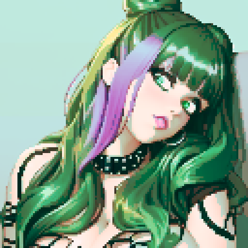 thicc, curvy, seductive busty goth babe with studded collar, long purple hair in buns, fishnet stockings, orgasmic aroused nude big titty goth in a nude sexy pose, pixel art, sRGB
