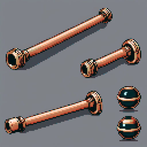 I want a thick copper pipe with a circular ball fitting on one end. I want this object usable an asset in a videogame, meaning only one object per image, outlined with a strong black stroke, on a solid-color background.