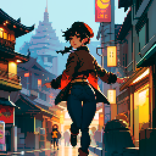 Night Thai urban street light background, Thailand, young girl, short black hair, small mouth, brown coat, black jeans, thin hips, beige hat, running, turn back, far view from the back