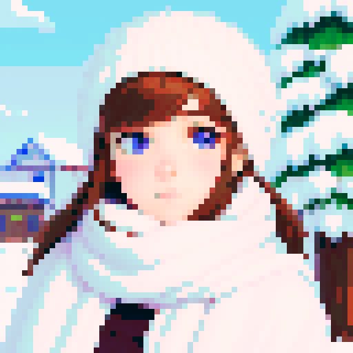 portrait, sprite art, young woman, cute, soft eyes, autistic, cozy winter, white scarf, shy, timid, stardew valley