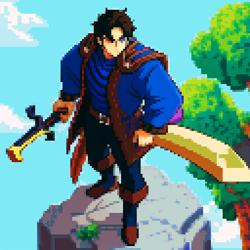 Best Quality,Anime Male,Dashing,Pixel art,weapon in hand,with creature attached to body