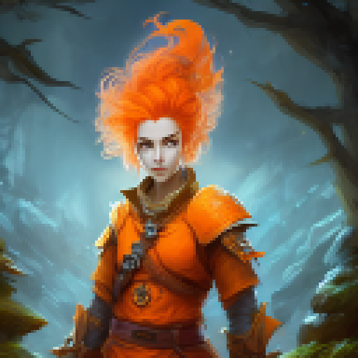 Orange-haired warrior portrait, wielding a glowing sword amidst a mystical forest, with dragons and magic runes in the background.