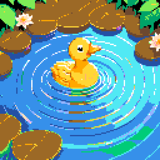 yellow duck in a pond, surrounded by lush greenery and reflecting sunlight in a serene pond with shimmering ripples and pixelated waves, creating a tranquil atmosphere in a picturesque landscape with vibrant colors using intricate pixel art in the sRGB palette