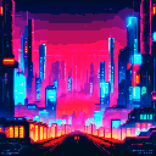 cyberpunk cityscape, neon-lit alleys, dark background, tile, wall, towering skyscrapers, dystopian streets,  futuristic architecture, technologically advanced society, pixel art aesthetics, dystopian landscapes, high-tech gadgets