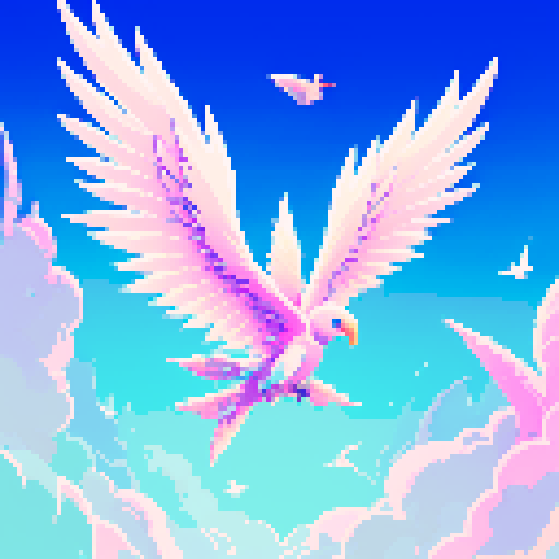 Terraria wings, gradient colors, pale pink, white and light blue, pixelated feathers, glowing trails, intricate designs, fantastical creatures, floating in mid-air, pixel art, transparent background, sRGB
