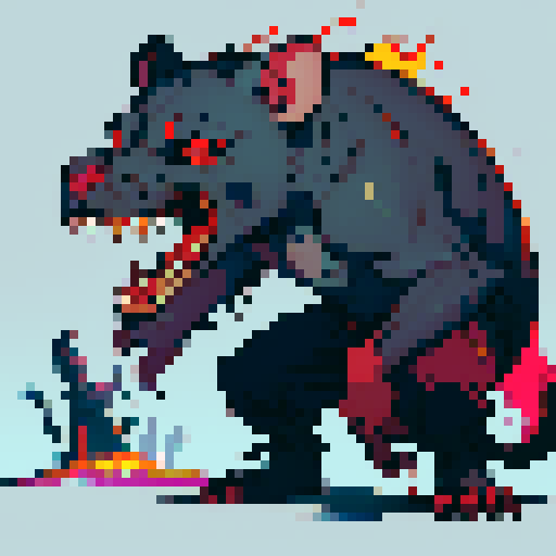 Big, deadly rat, menacingly standing on hind legs, sharp teeth bared, glowing red eyes, pixel art, vibrant sRGB colors