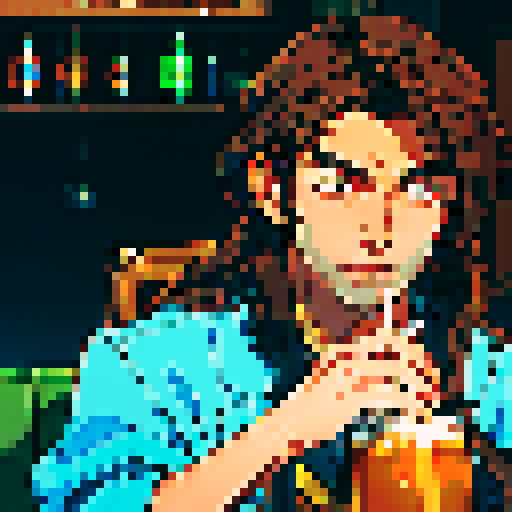 handsome, long brown haired guy, detailed pixel art, sRGB, beer
