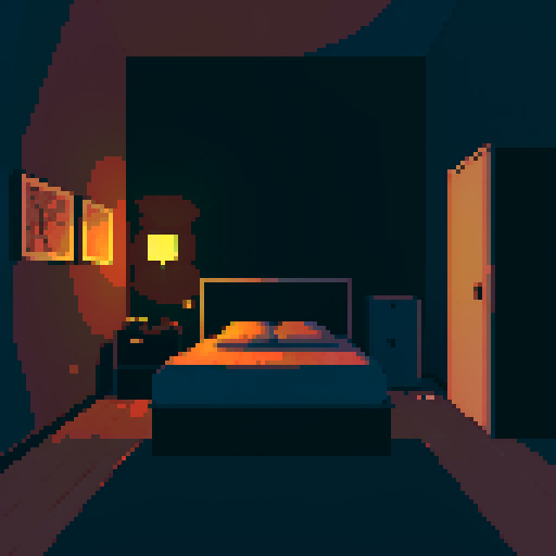 dark apartment bedroom at night, melancholy, depressed, lonely man's bedroom, sadness, dimly lit, bare