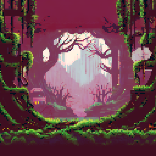 post-apocalyptic factory building, hidden in the woods, abandoned machinery, rusted pipes, overgrown vines, decaying buildings, shattered windows, eerie silence, nature reclaiming, vibrant pixelated colors, sRGB palette, atmospheric landscape
