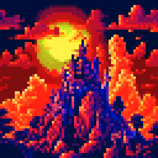 Medieval castle, towering under a dark, ominous sky, surrounded by a misty forest