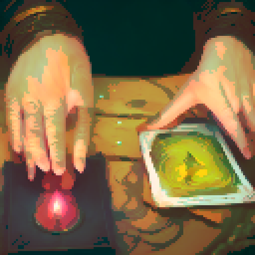 A close-up of a woman's hands over a table during a tarot card reading in a medieval dark style. The table is adorned with elements of the ocean such as sea shells, sand, and small pieces of coral. The atmosphere is mystical and dimly lit, with candlelight casting shadows that enhance the eerie and magical mood. The woman's hands are gracefully poised over the cards, which also have oceanic designs like waves and mermaids.