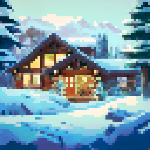 snowy mountain range ski town with a tiny lodge, igloo, campsite, cold, pixel art, sRGB, christmas themed