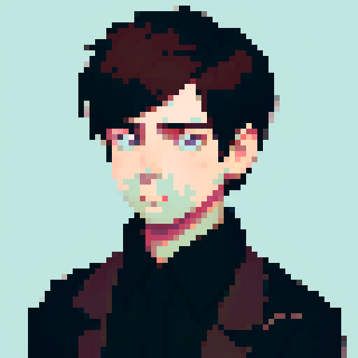 portrait, sprite art, young man, sad, narrow eyes, muted colors, depressed, neutral, eccentric