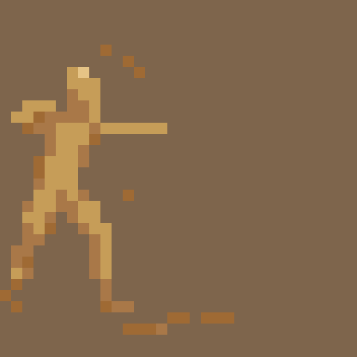 Human figure color palette, faceless, nude, wielding a bow or throwing object, targeting animal, greenery background, pixel art, sRGB