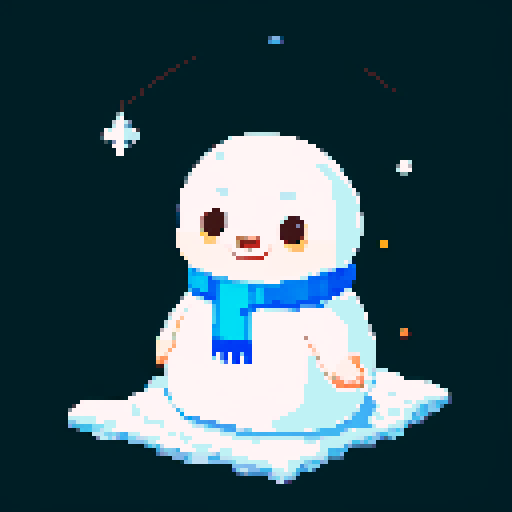 pixel art, sRGB, winter town mountain range, tiny pixel seal sitting, tiny human eskimo character, hanging out