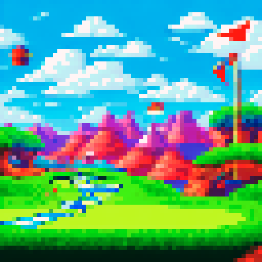 Mini golf obstacles like windmills and loops, pachinko balls and bumpers, and pinball flippers and targets, all set against a vibrant, retro landscape with a blue sky and green hills