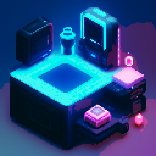futuristic 4 tier lootbox, glowing buttons, silver box center, intricate details, pixel art style, sRGB