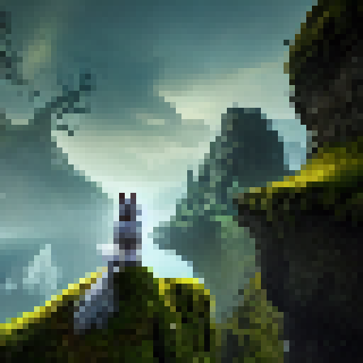 Westie dog, wielding a magical sword, stands atop a mossy cliff overlooking a sprawling kingdom, with a dragon circling in the distance and a castle shrouded in mist below.