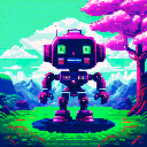 Robot with metallic silver body and glowing red eyes, standing on a grassy bank with pink and white cherry blossom trees in the background, smiling with a square wave mouth in a retro pixel art style