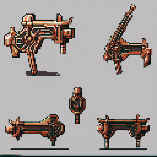 I want a copper structure reminiscent of a mounted weapon of some sort seen from a head on two dimensional perspective. The design should be relatively simple. I also want this object usable as an asset in a videogame, meaning only one object per image, outlined with a strong black stroke, on a solid-color background.