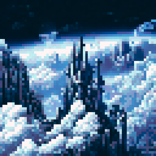 Futuristic and sleek, a triangular space ship glides through an ethereal black and white galaxy, surrounded by twinkling stars and a majestic, mountainous landscape in the distance, all rendered in sRGB pixel art
